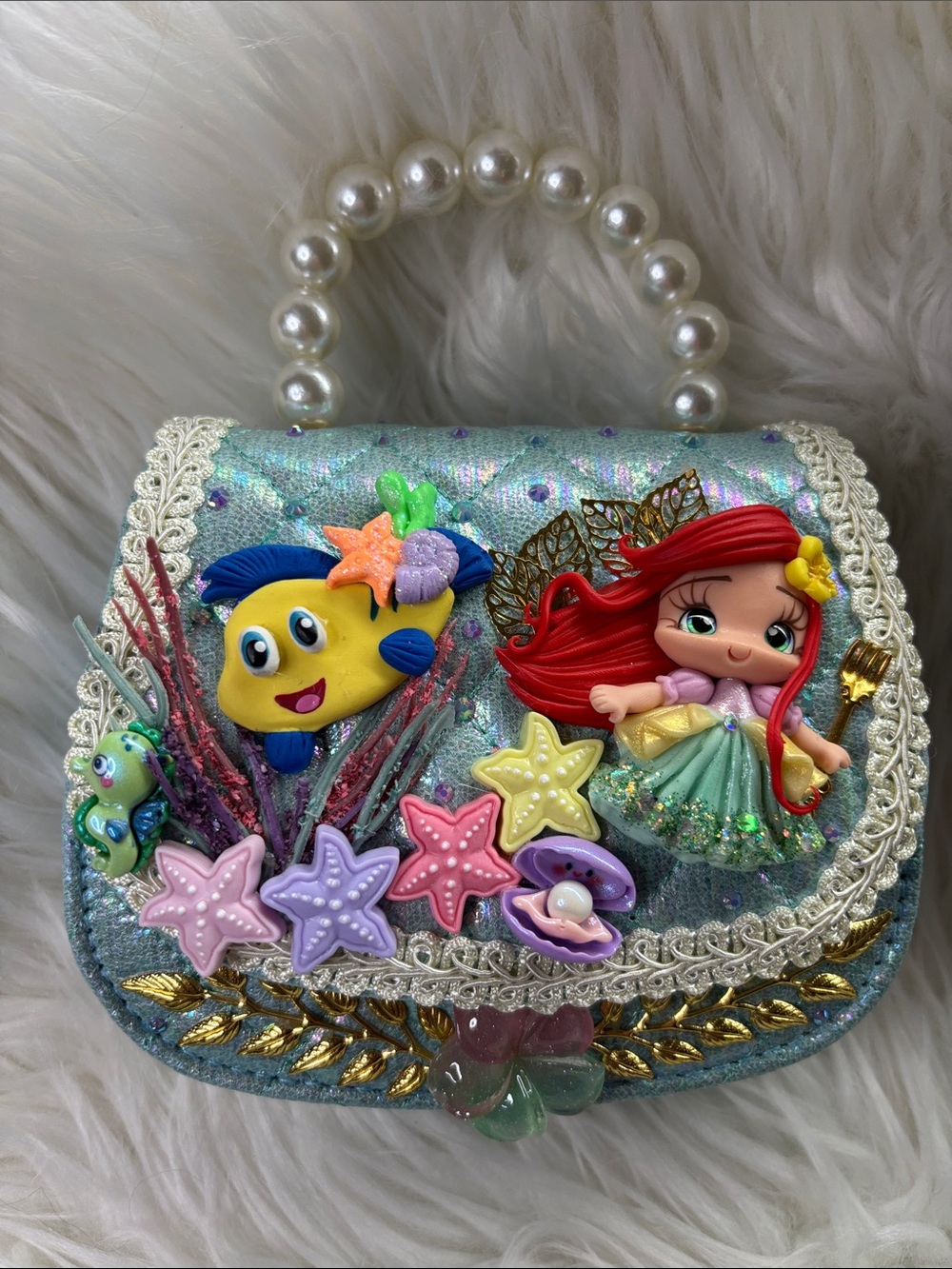 Girls Ariel Mermaid Sequin Handbag with Pearl Handle - Aqua